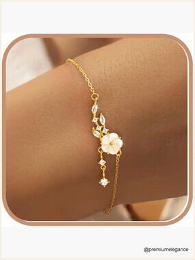 925 Sterling Silver White Shell Flower Charm Bracelet with CZ Leaves Dainty